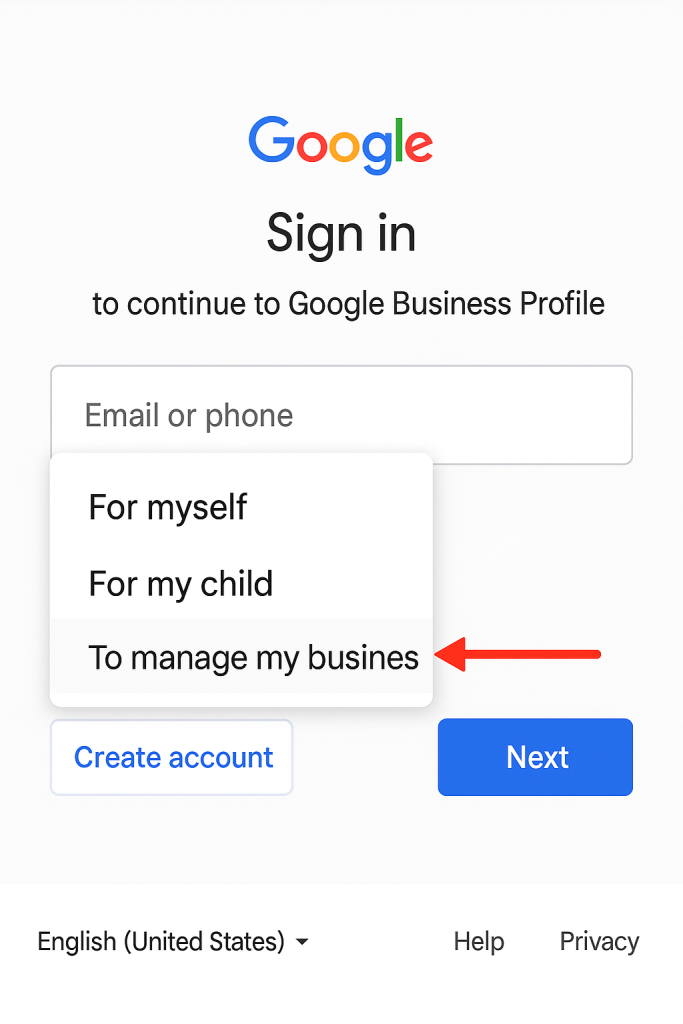 Google sign-in screen for Business Profile with the 'To manage my business' option pointed out by an arrow