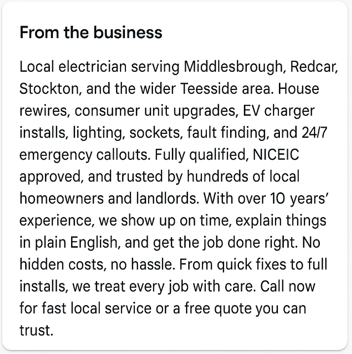 Example Business Profile description naming Teesside towns, services, NICEIC approval, experience and a call to action