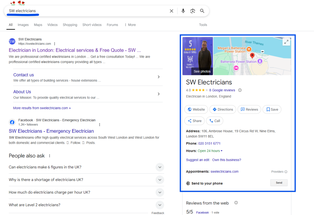 Google search results for SW Electricians with the Business Profile panel highlighted on the right