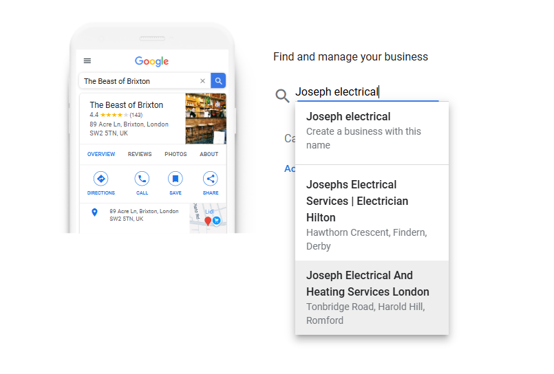 Google Business Profile search box suggesting existing listings as a business name is typed