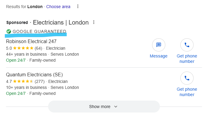 Google Local Services Ads for electricians in London with the Google Guaranteed badge underlined above sponsored listings