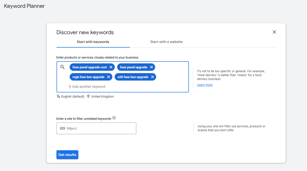 Google Keyword Planner 'Discover new keywords' screen with fuse panel and fuse box upgrade keywords entered for the UK