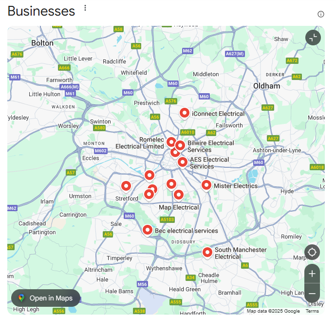 Google local results map for electricians in Manchester, with electrical businesses pinned across the city
