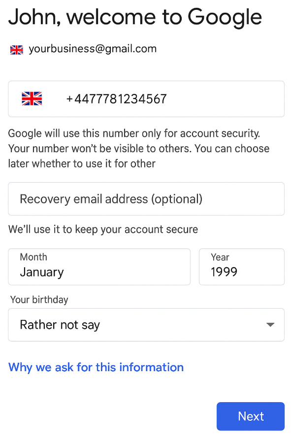 Google welcome screen asking for a phone number, recovery email and birthday, with a Next button
