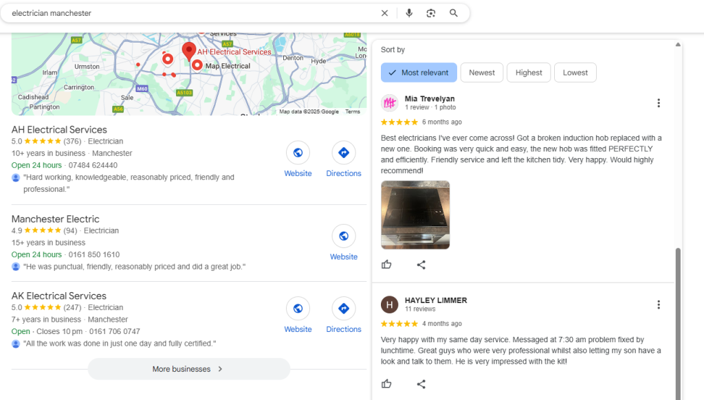 Google search for 'electrician manchester' showing Map Pack listings with star ratings and open customer reviews
