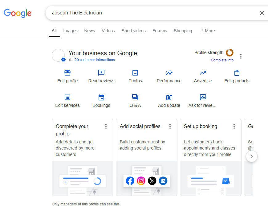 Search for Joseph The Electrician showing the 'Your business on Google' panel with profile editing options