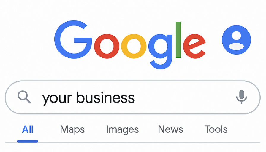 Google search bar with 'your business' typed in, showing how to find your own profile while logged in