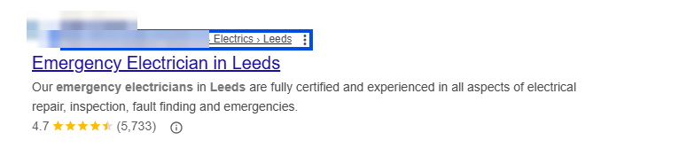 A Google search result for an emergency electrician in Leeds, with the breadcrumb trail after the website address, Electrics then Leeds, outlined in blue