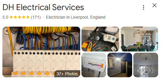 DH Electrical Services Google listing with a strong photo grid of fuse boards, test equipment and finished interiors