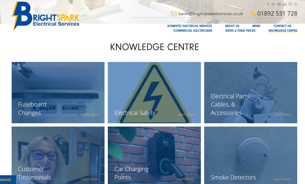 An electrician's website knowledge centre page with tiles for fuseboard changes, electrical safety, electrical parts and cables, customer testimonials, car charging points and smoke detectors