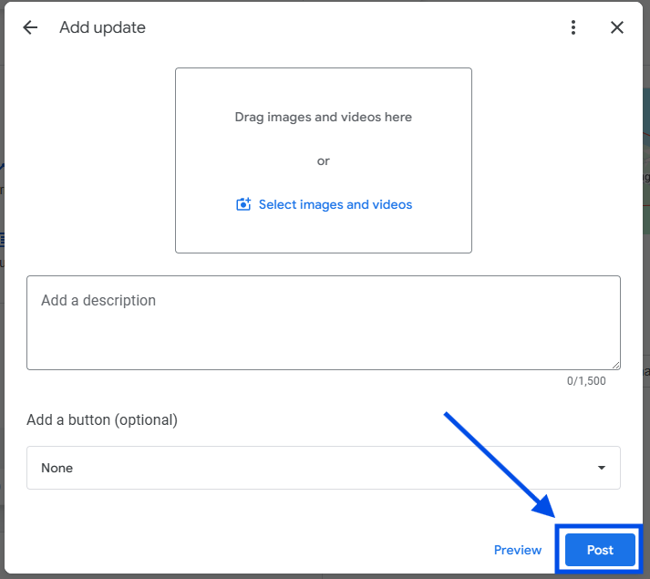 Add update post window with an arrow pointing to the blue Post button to publish the update