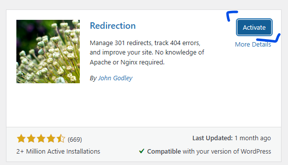 Redirection plugin card in WordPress with the blue Activate button highlighted