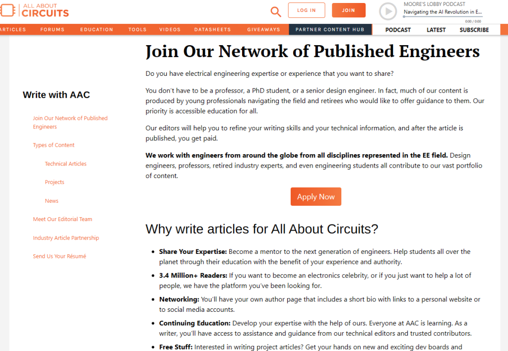 All About Circuits contributor page, Join Our Network of Published Engineers, explaining how to write for them