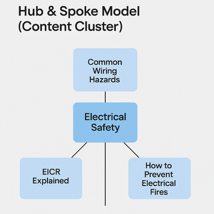 Hub and spoke diagram: an Electrical Safety hub linked to Common Wiring Hazards, EICR Explained and fire prevention