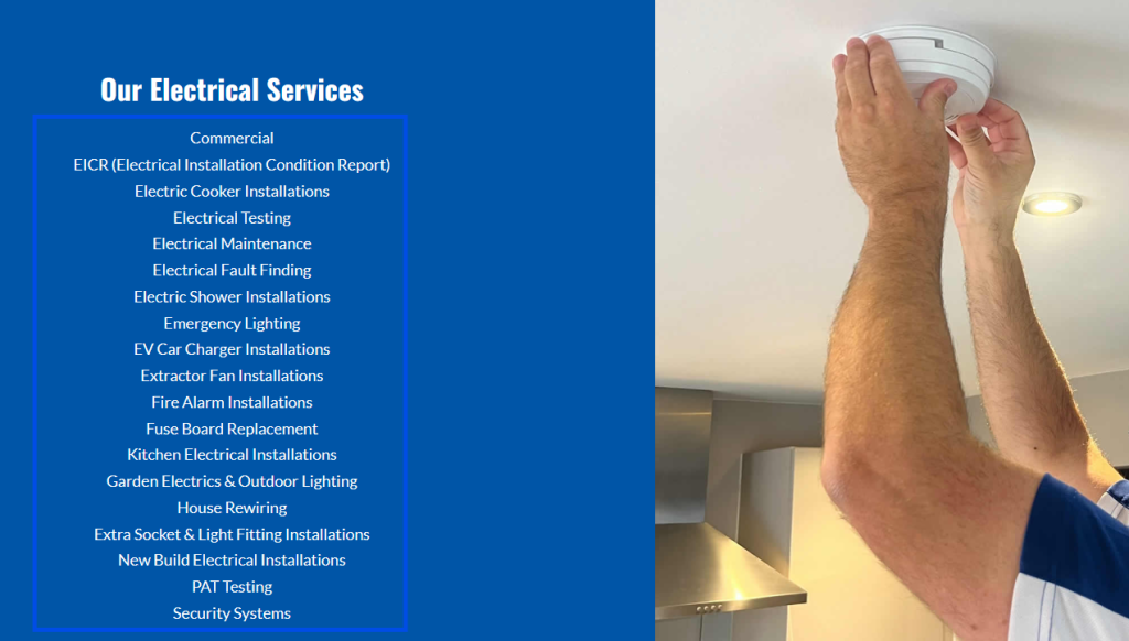 Blue panel on an electrician's website listing services such as EICRs, fuse board replacement, house rewiring and EV car charger installations next to a photo of an electrician fitting a smoke alarm