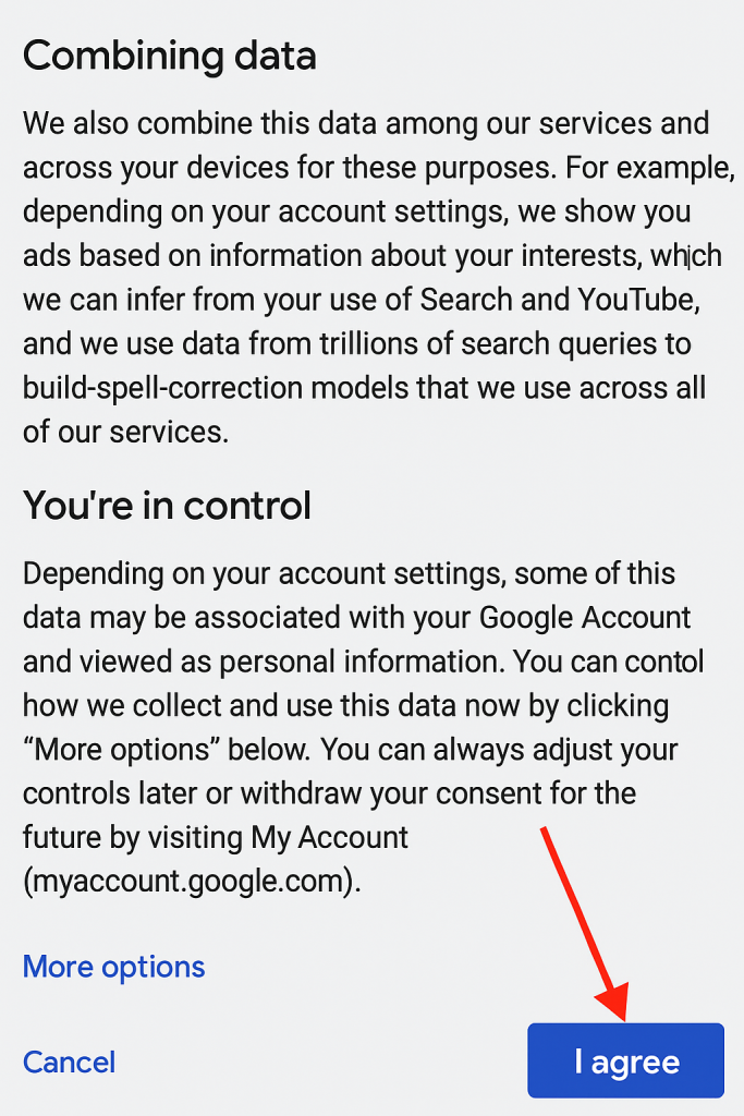 Google terms page with an arrow pointing to the I agree button