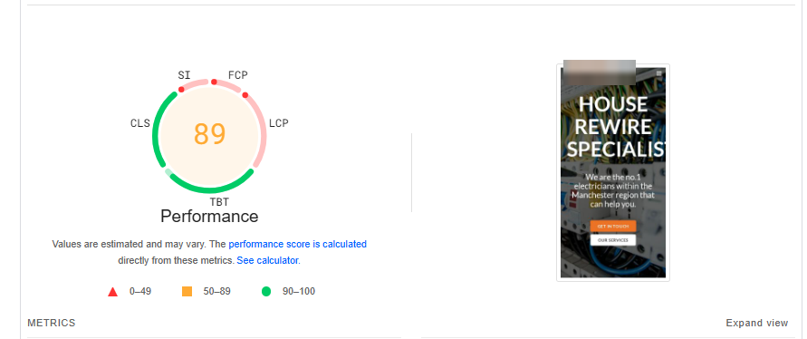 PageSpeed Insights mobile result for the same Manchester electrician's website on a later run, with a performance score of 89