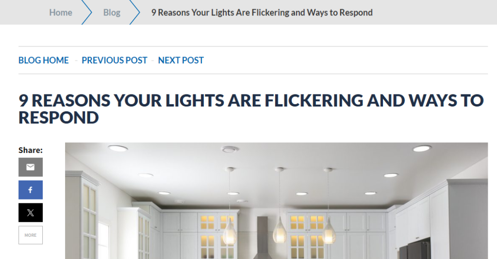 Blog post titled '9 Reasons Your Lights Are Flickering and Ways to Respond' with a kitchen photo, an informational intent example
