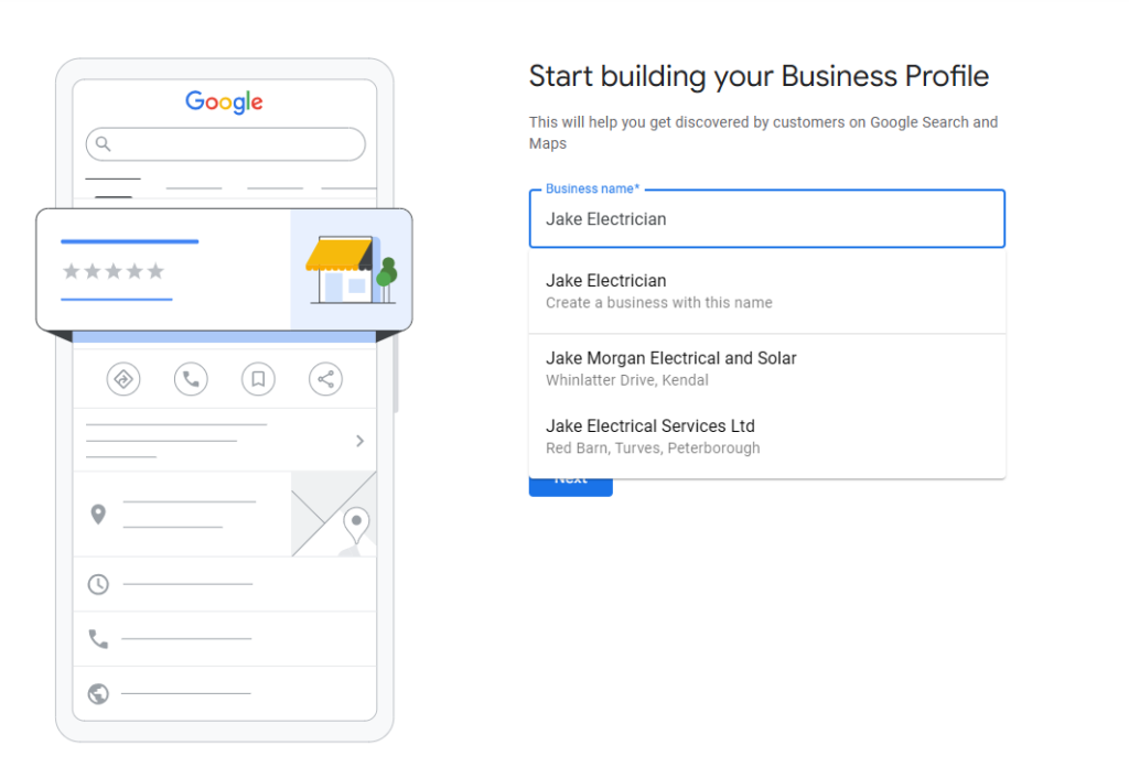 Business name field filled in with Jake Electrician and Google suggesting existing matching businesses below