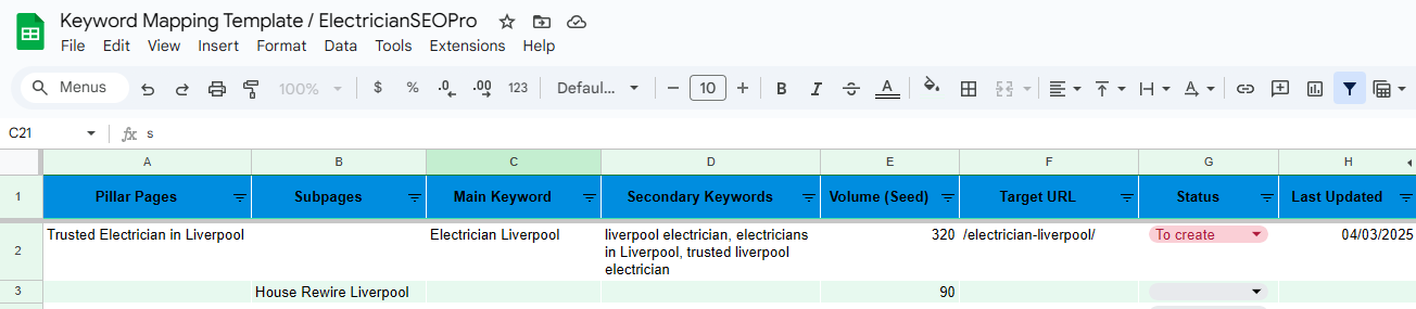 Keyword mapping template in Google Sheets with columns for pillar page, main keyword, volume, target URL and status