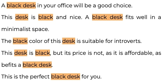 Example of keyword stuffing: a short paragraph about a black desk that repeats the phrase "black desk" in almost every sentence, with each mention highlighted