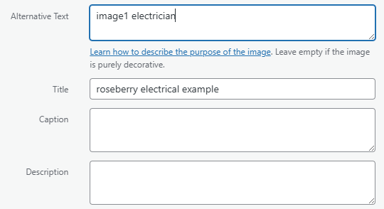 WordPress media settings with a lazy alt text of 'image1 electrician', a vague description that tells Google nothing