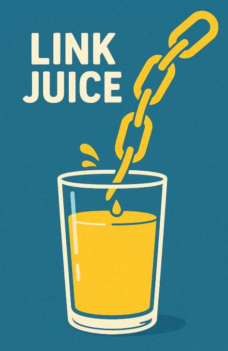 Illustration of a chain link dripping yellow juice into a glass, labelled Link Juice