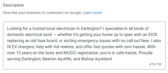 Google Business Profile description for a Darlington electrician covering EICRs, fuse boards, emergency work and EV chargers