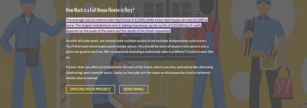 Electrician blog section titled 'How Much is a Full House Rewire in Bury?' explaining typical local rewire costs