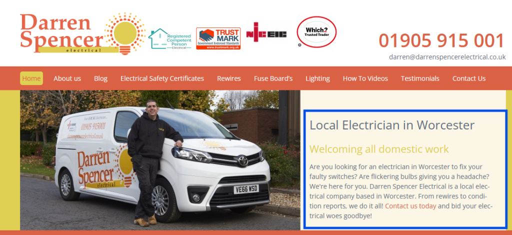 Homepage of a Worcester electrician with the heading Local Electrician in Worcester and a short intro naming the town and the services, boxed in blue
