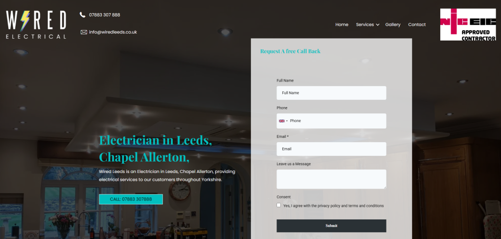 Wired Electrical location page for Leeds and Chapel Allerton with call-back form and NICEIC approved contractor logo