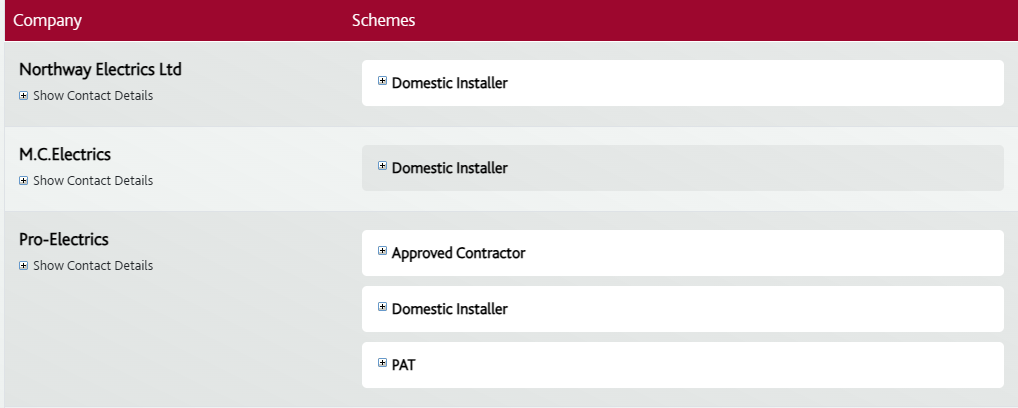 NICEIC contractor finder results listing electrical companies with schemes such as Domestic Installer, Approved Contractor and PAT