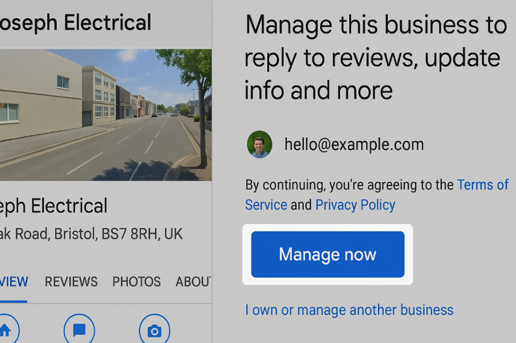 Google prompt to manage a business to reply to reviews and update info, with the Manage now button highlighted