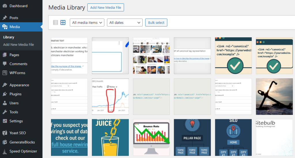 WordPress Media Library grid with the Media menu open in the left-hand dashboard menu