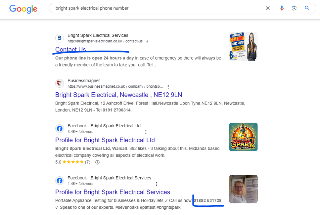Google search for an electrical company's phone number with a Contact Us result and a phone number underlined in the results