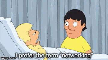 Cartoon of one character in a bed and another leaning over, captioned 'I prefer the term networking'
