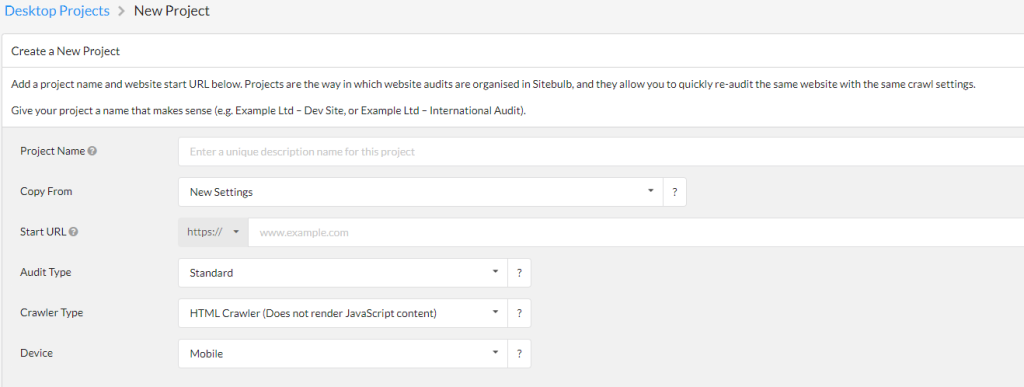 Sitebulb's Create a New Project screen, with fields for the project name and the website start URL
