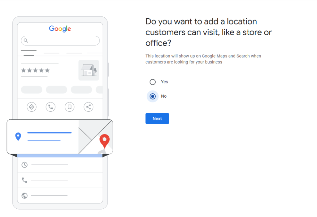 Google asking whether to add a location customers can visit, with the No option selected