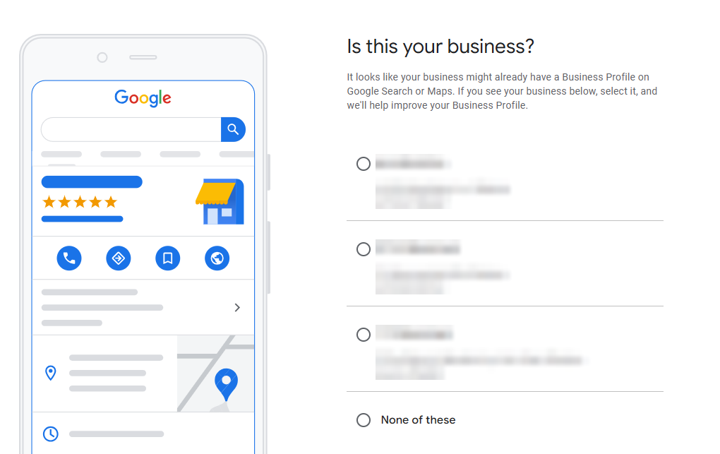 Google 'Is this your business?' list of existing Redcar listings, with the None of these option at the bottom