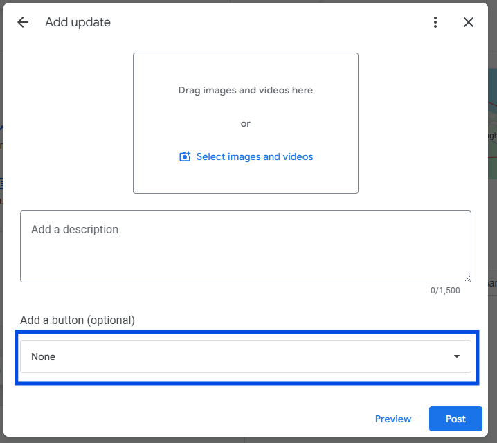 Add update post window with the optional button dropdown highlighted, currently set to None