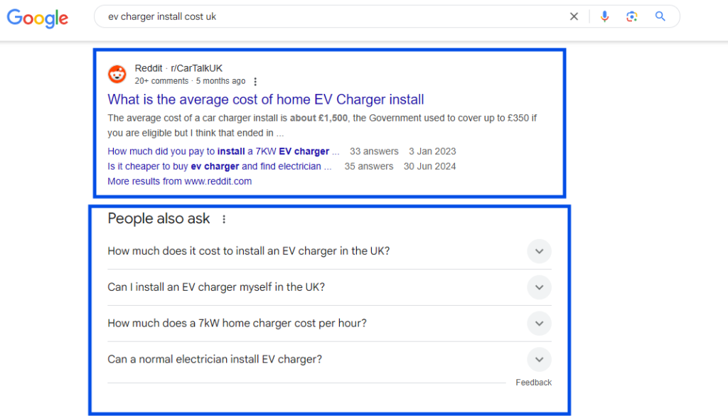 Google results for 'ev charger install cost uk' with a Reddit forum result and a 'People also ask' box outlined in blue