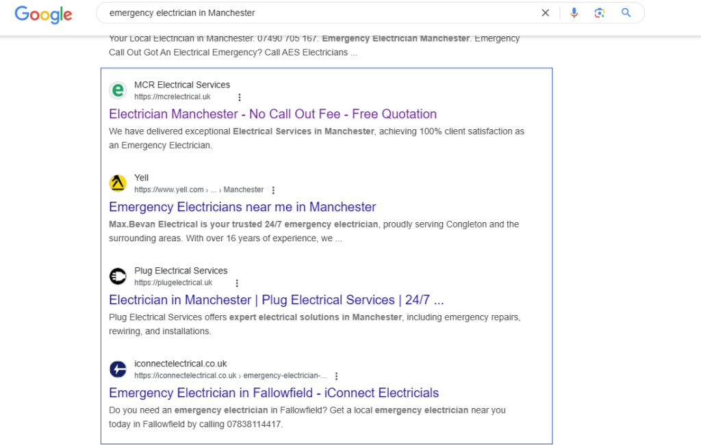 Google results for 'emergency electrician in Manchester' with the organic listings outlined in blue, including electricians' own websites and a Yell listing