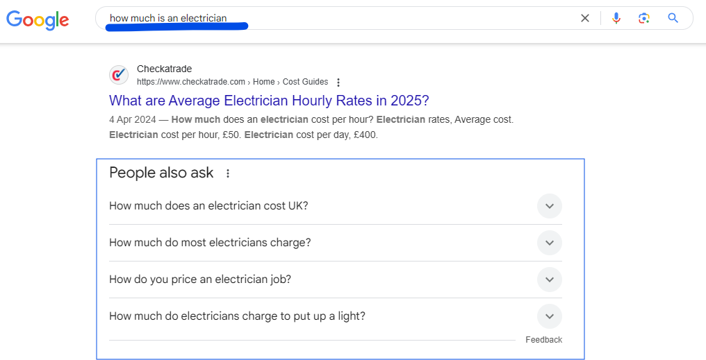 Google results for 'how much is an electrician' with the 'People also ask' box outlined in blue