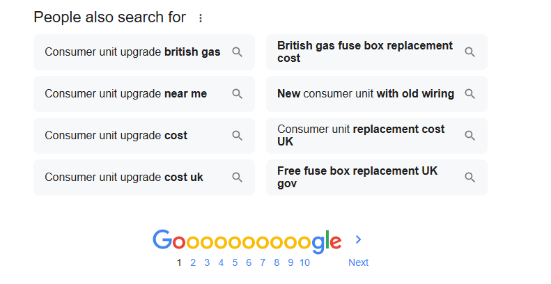Google 'People also search for' box for 'consumer unit upgrade' listing eight related searches, including 'consumer unit upgrade cost' and 'consumer unit upgrade near me'