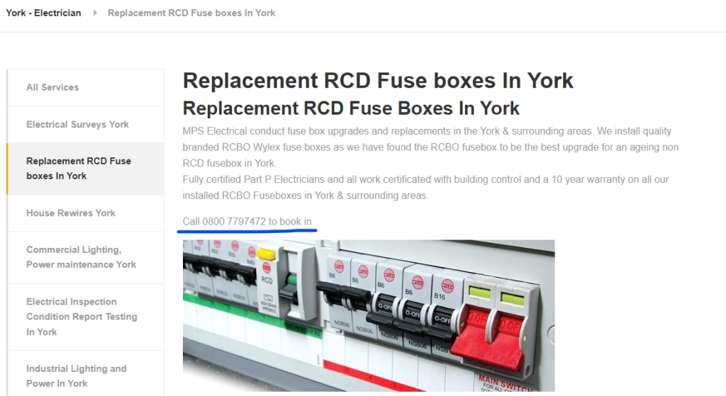 Electrician service page for 'Replacement RCD Fuse boxes In York' with the call-to-action phone line underlined near the top