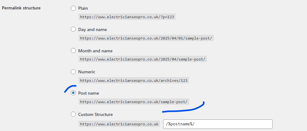 WordPress permalink settings with the Post name structure selected and a clean sample-post URL underlined
