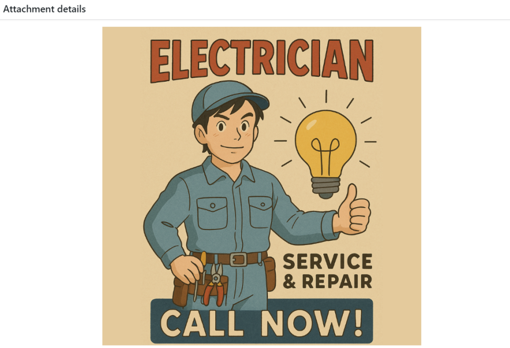 WordPress Media Library attachment details screen with a cartoon electrician and lightbulb image selected