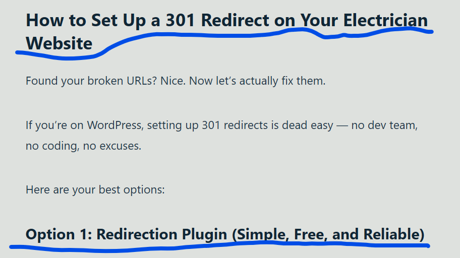 Blog post with a main heading and an Option 1 subheading underlined, showing proper use of headings