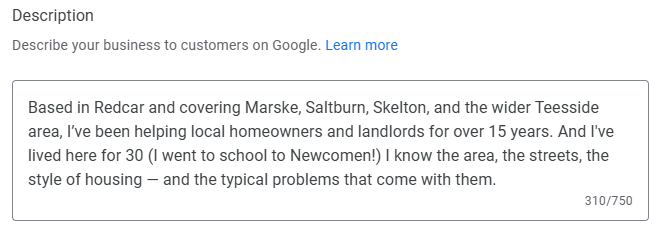 Google Business Profile description showing local roots: based in Redcar, covering Teesside and living there for 30 years