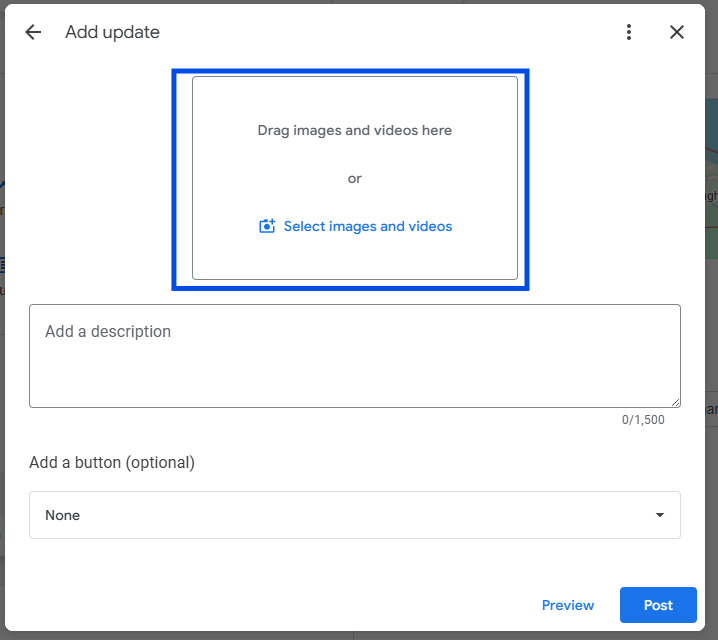 Add update post window with the image upload area highlighted for adding a relevant photo